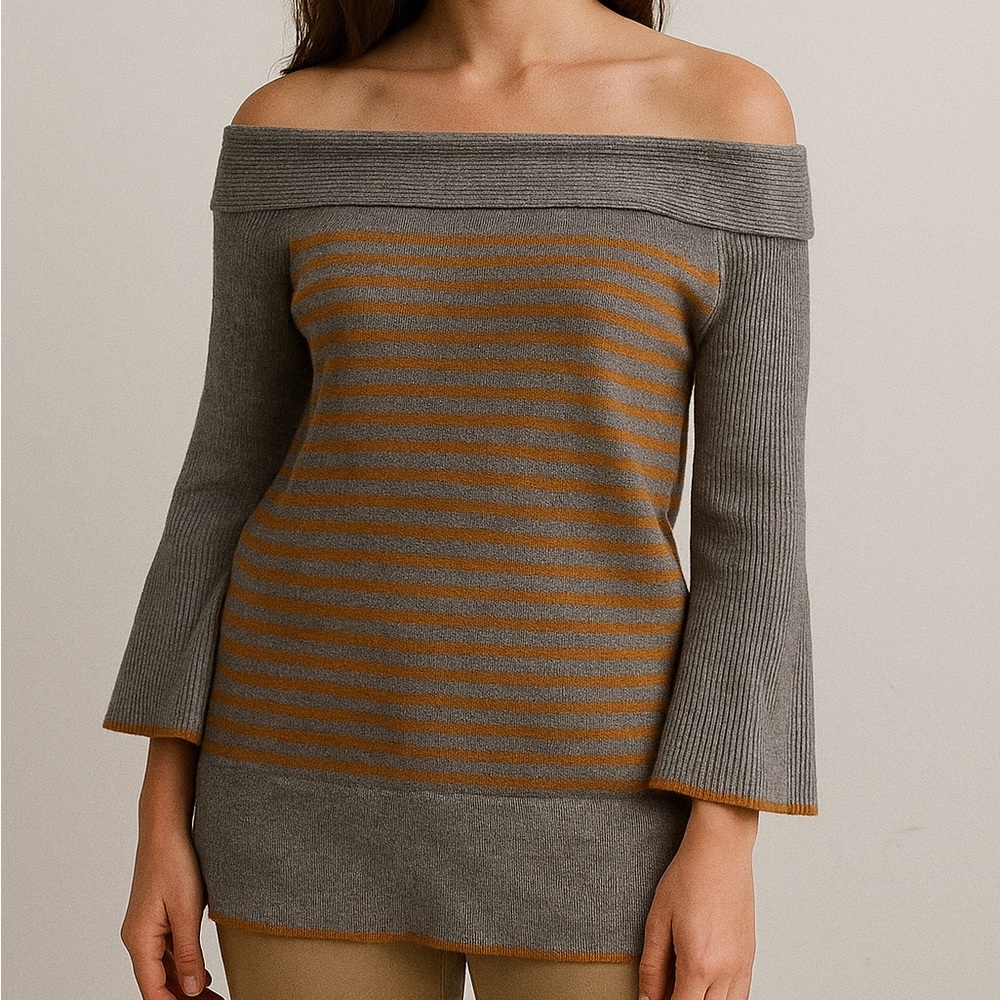 Anthropologie Off-Shoulder Gray and Orange Sweater